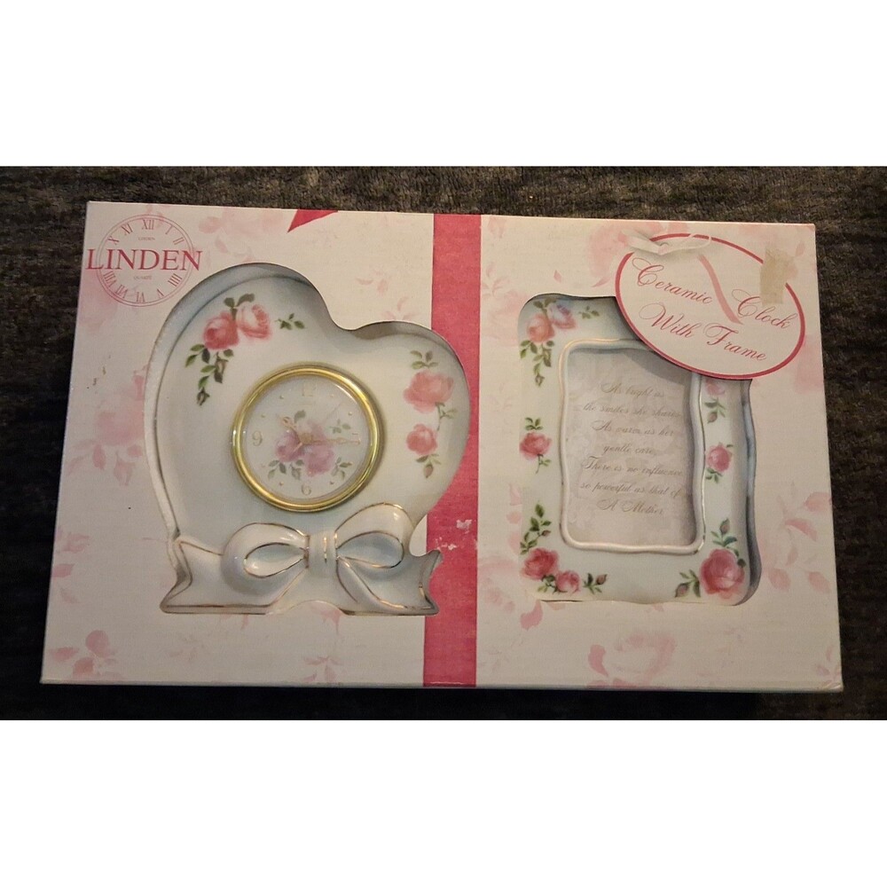 Linden pink tea rose frame and clock set